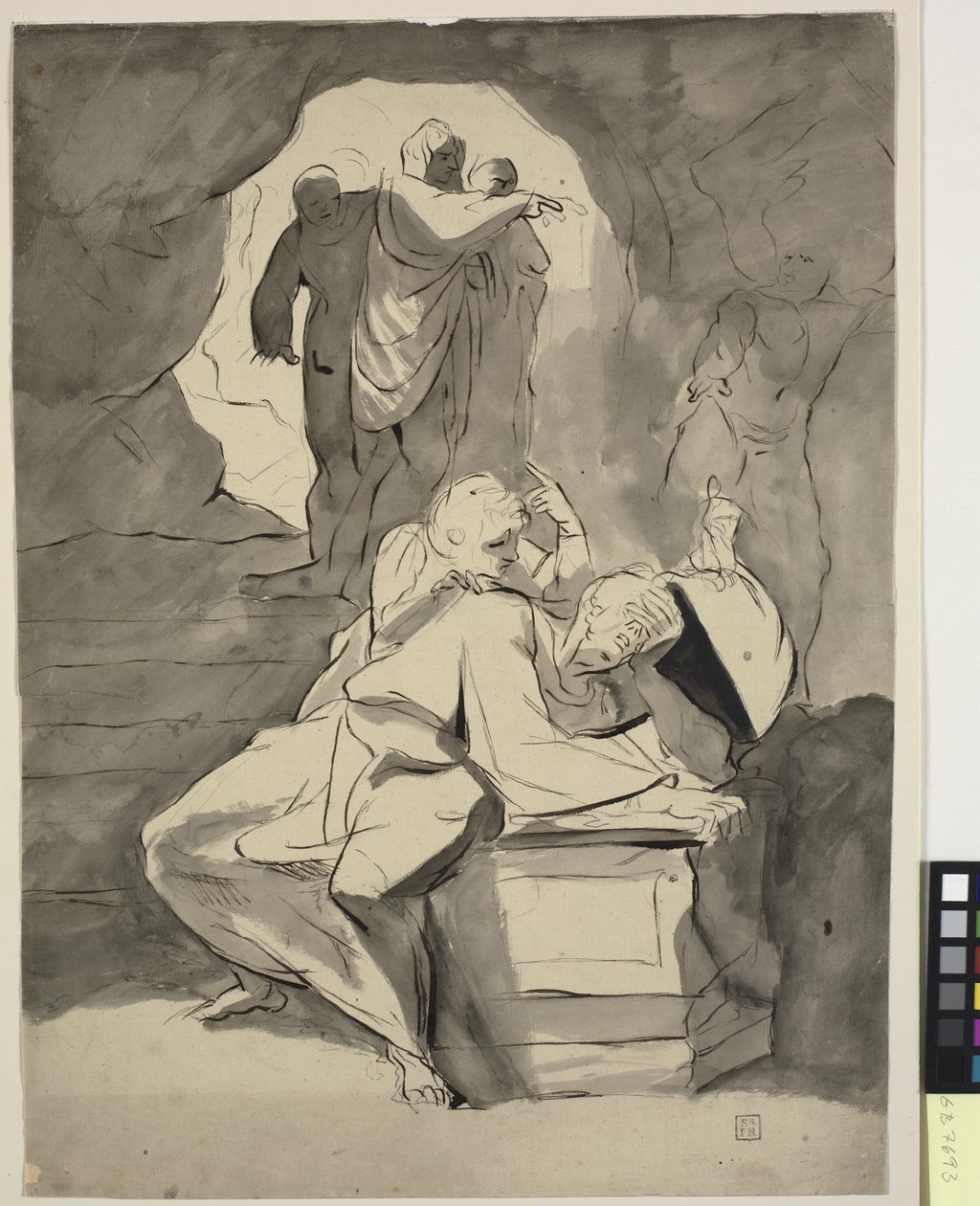 Egy kétségbeesett férfi egy sírkő miatt egy barlangban más alakokkal alkotó: Johann Heinrich Füssli