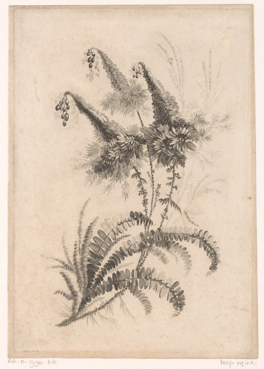 Puntige bloemen Új ízű virágok gyűjteménye; A Manufacture des Etoffes de Perse számára (sorozat címe) alkotó: Johann Heinrich  Hess