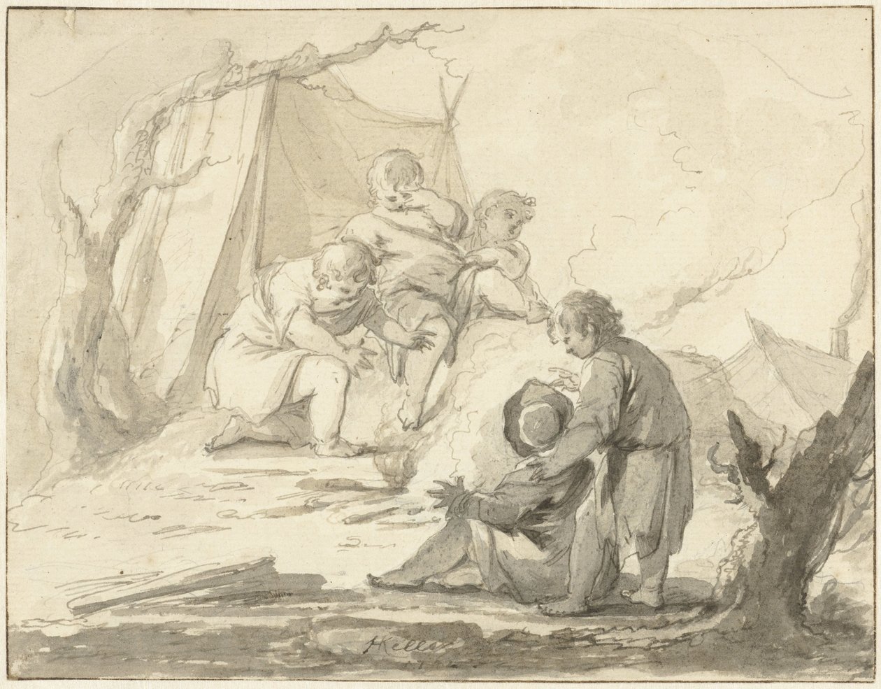 Allegorikus ábrázolás gyerekekkel a tűz körül alkotó: Johann Heinrich Keller (II)