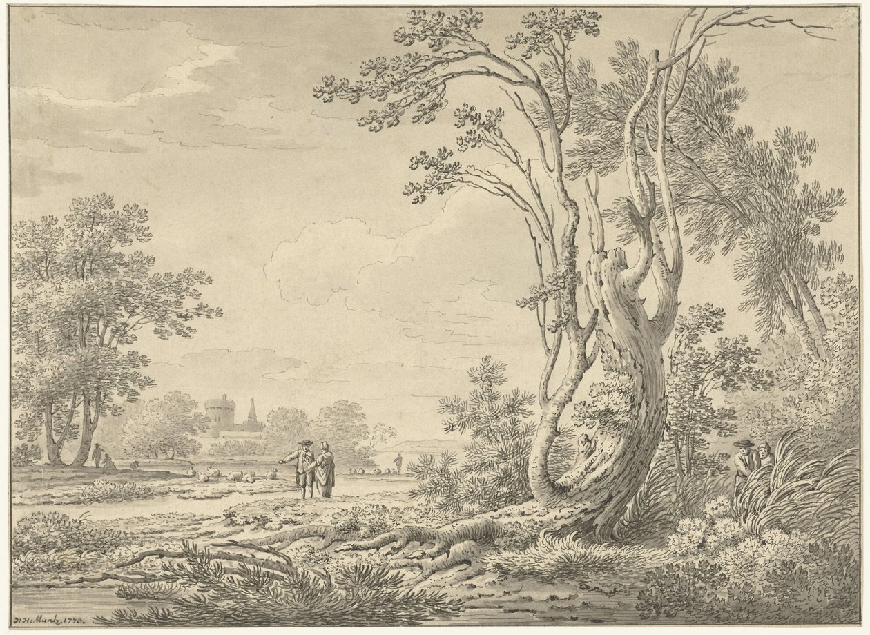 Déli táj kastéllyal, szarvasmarhákkal és sétálókkal alkotó: Johann Heinrich Muntz