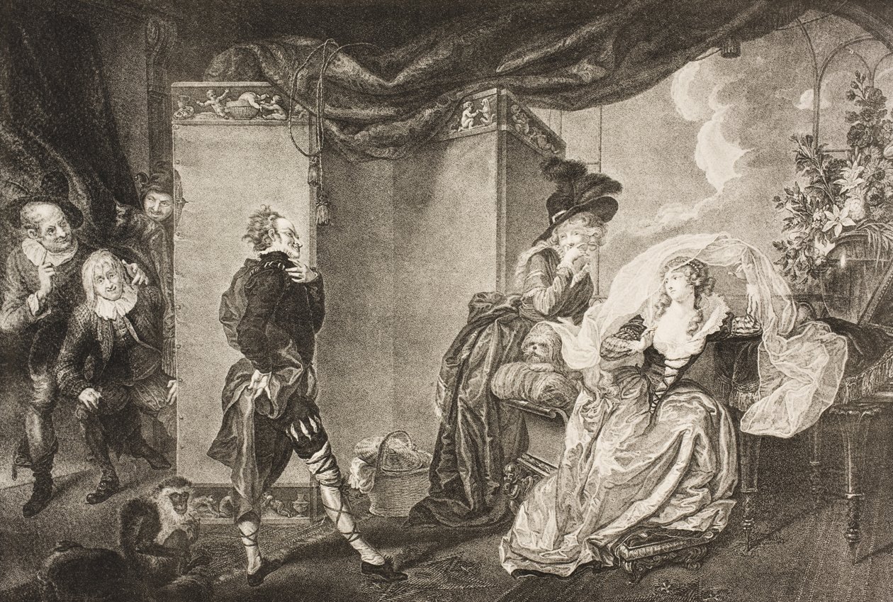 Olivia kertje, III. felvonás, IV. jelenet, a „Tizenkettedik éjszaka, vagy amit akarsz”, a Boydell Shakespeare Galériából, a 19. század végén megjelent alkotó: Johann Heinrich Ramberg