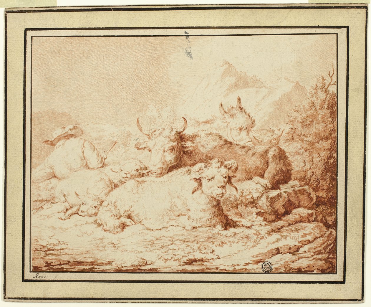 Szarvasmarha és bárány pásztorral a sziklás tájon alkotó: Johann Heinrich Roos