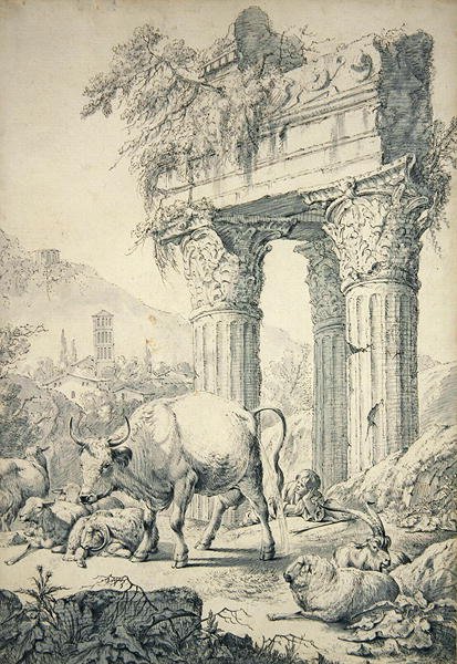 Tehén campagni tájban (grafit és toll papíron) alkotó: Johann Heinrich Roos
