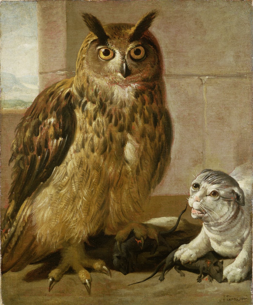Sasbagoly és macska döglött patkányokkal alkotó: Johann Heinrich Roos