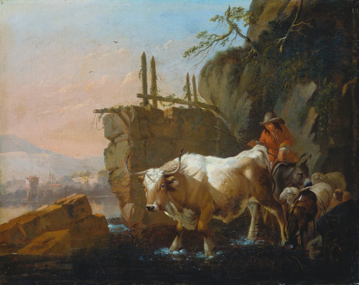 Pásztorok marhákat hajtanak át egy gázlón alkotó: Johann Heinrich Roos