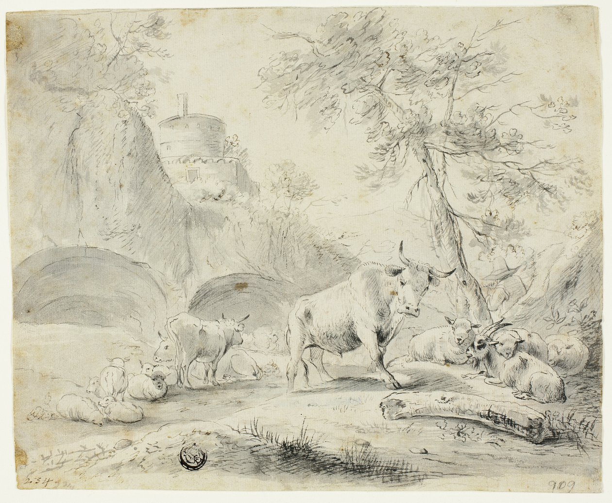 Táj pásztor és juh, kecske, szarvasmarha alkotó: Johann Heinrich Roos
