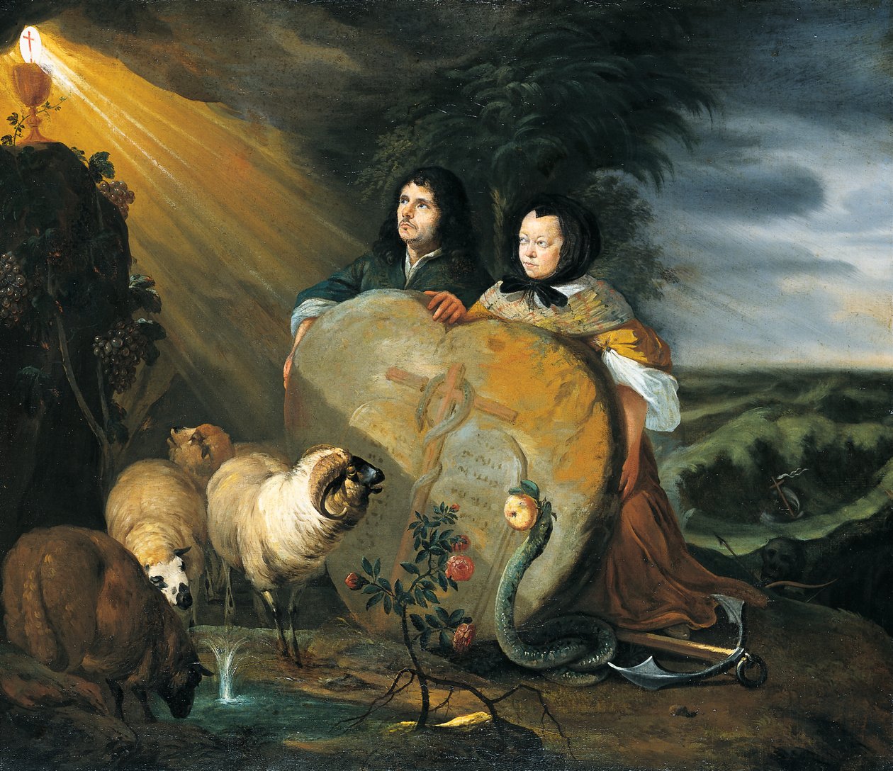 Önarckép (?) feleségével és a keresztény hit jelképeivel alkotó: Johann Heinrich Roos