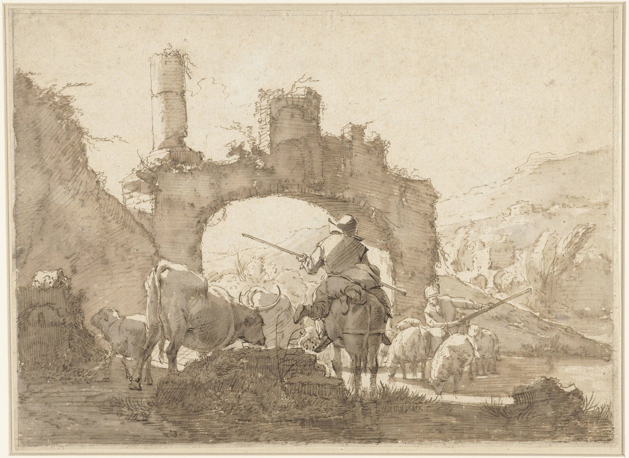 Két pásztor hajtja át marháját egy folyón alkotó: Johann Heinrich Roos