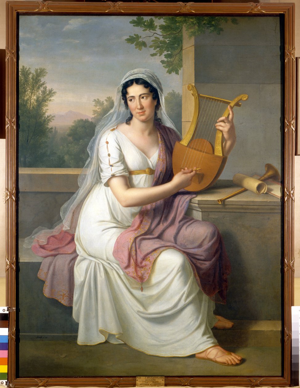 Isabelle Colbran (1785-1845) spanyol énekesnő portréja lírával. Johan Heinrich Schmidt (1749-1829) festménye 1817 Milánó, museo del Teatro alla scala alkotó: Johann Heinrich Schmidt