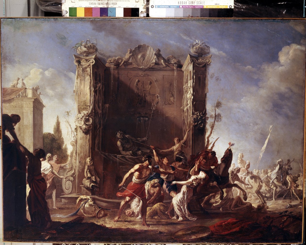 A szabin nők megerőszakolása. Johann Heinrich Schoenfeld (1609-1684) festménye. Olaj, vászon, 98,5 x 134 cm, 1630-1640 körül. német művészet, barokk művészet. Ermitázs Múzeum, Szentpétervár. alkotó: Johann Heinrich Schonfeldt
