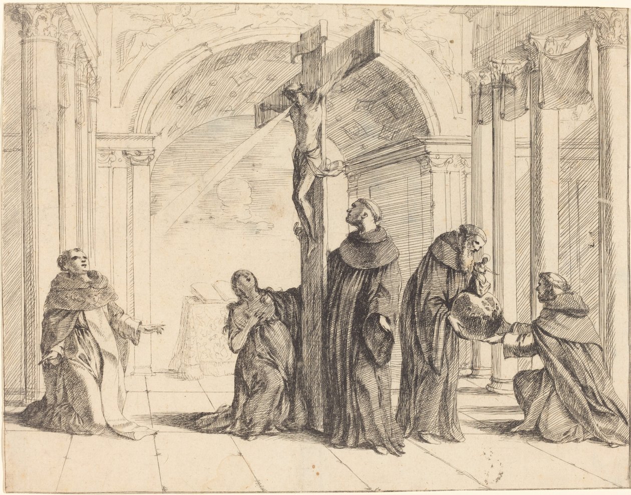 Feszület egy templomban Aquinói Tamás, Mária Magdolna, Albertus Magnus és mások szentjével alkotó: Johann Heinrich Schönfeld