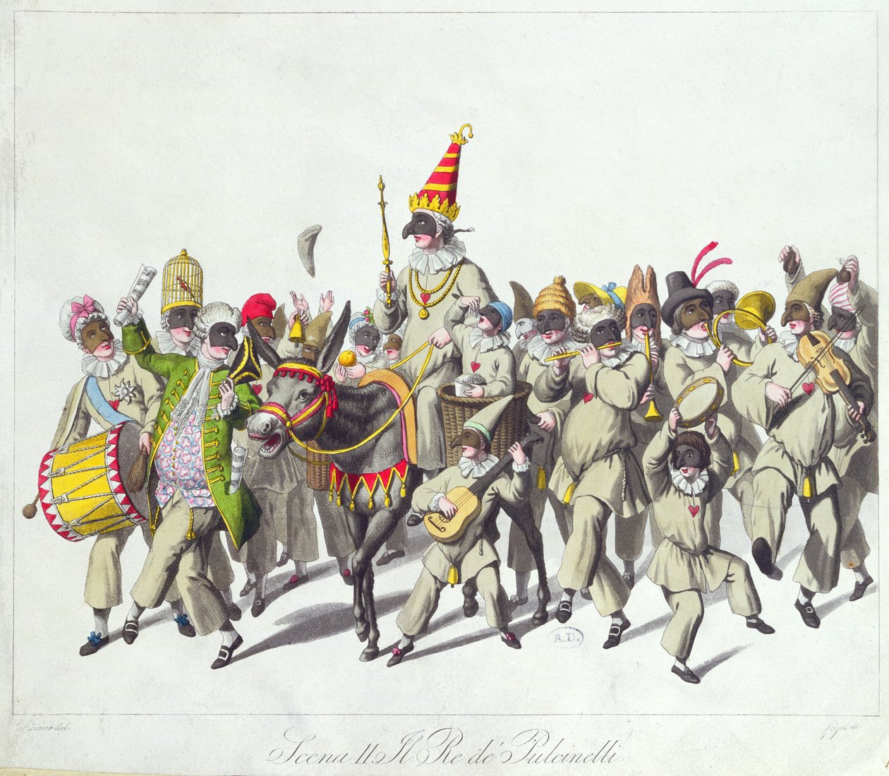 Punch király körmenete a római karnevál idején, 19. század eleje (színes metszet) alkotó: Johann Heinrich Stuermer