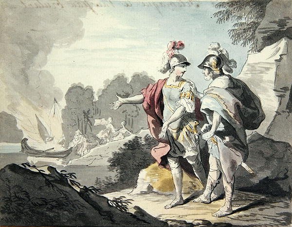 Nestor megmutatja Telemachusnak a hajót (grafit és akvarell papíron) alkotó: Johann Heinrich Tischbein