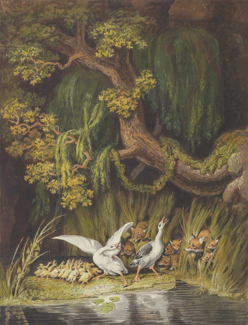 Egy lúd és egy gander kislibájukkal, akik riadtan dudálnak, mint két róka..., 18. közepe-19. század eleje. alkotó: Johann Heinrich Wilhelm Tischbein