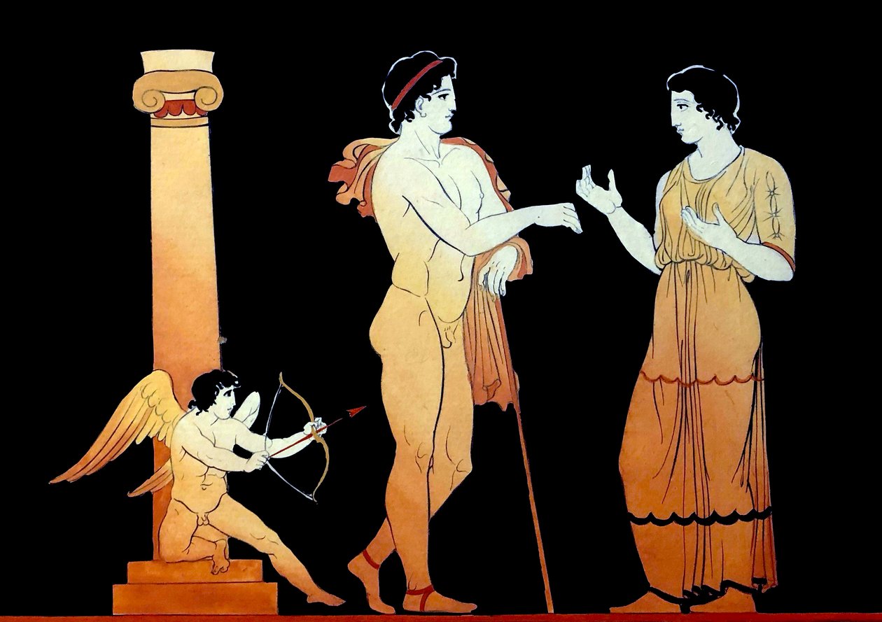 Eros az egyik nyílvesszőt egy fiatal párra irányítja, 1796 körül (Rézlemez-metszet) alkotó: Johann Heinrich Wilhelm Tischbein