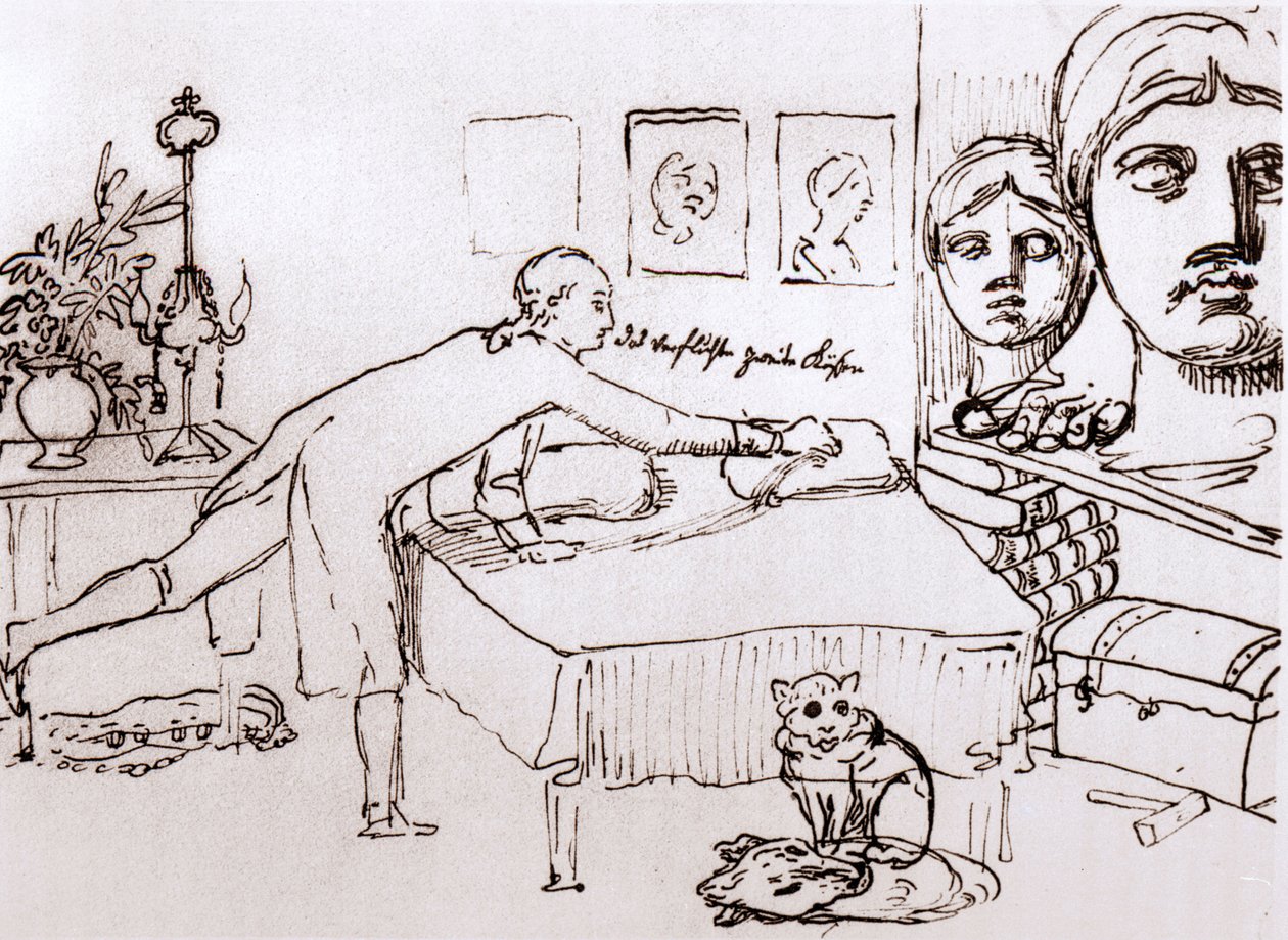 Johann Wolfgang Von Goethe a római Via del Corso-n lévő házában. Johann Heinrich Wilhelm Tischbein (1751-1829) rajza (más néven Goethe-Tischbein vagy Goethe Tischbein). sd. 18. század. alkotó: Johann Heinrich Wilhelm Tischbein