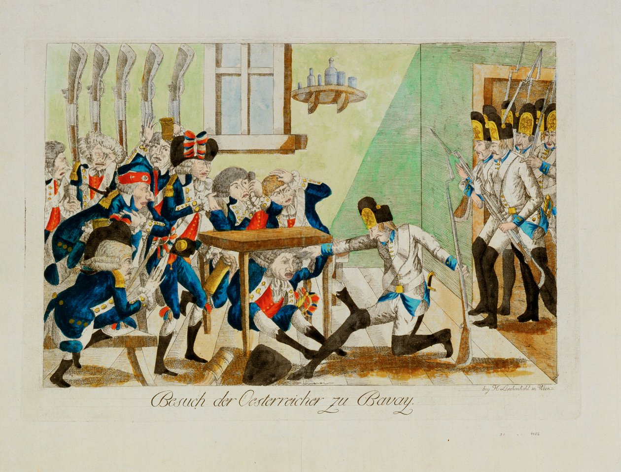 Osztrák katonák meglepnek egy francia különítményt a bavai szállásán... (metszet) alkotó: Johann Hieronymus Loeschenkohl