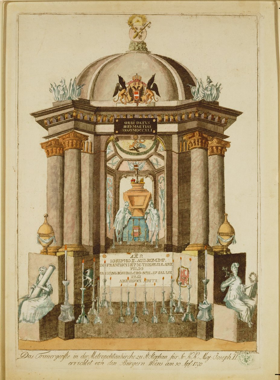 A bécsi polgárok által a császárért tartott gyászmisére állított síremlék (Castrum Doloris) (metszet) alkotó: Johann Hieronymus Loeschenkohl