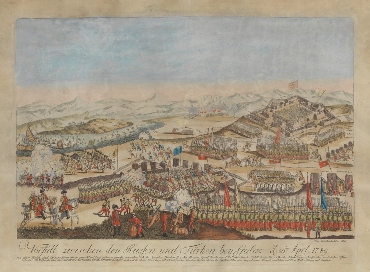 Az orosz és az oszmán seregek közötti incidens Galatiban 1789. április 20-án. alkotó: Johann Hieronymus Loeschenkohl