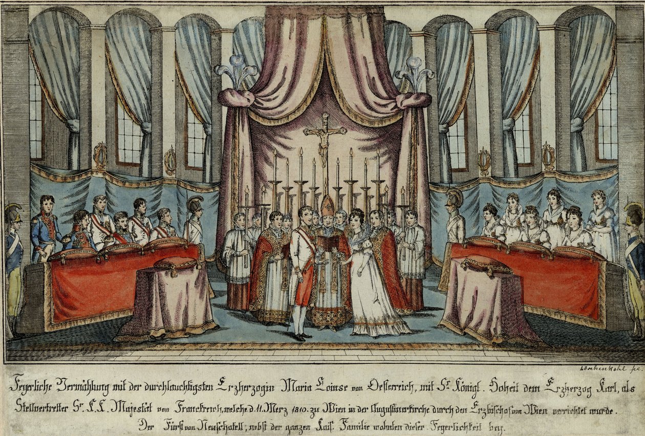 Marie-Louise meghatalmazott útján feleségül vette Napóleont Bécsben, Károly főherceg pedig a 18-as Napóleon helyett alkotó: Johann Hieronymus Loeschenkohl