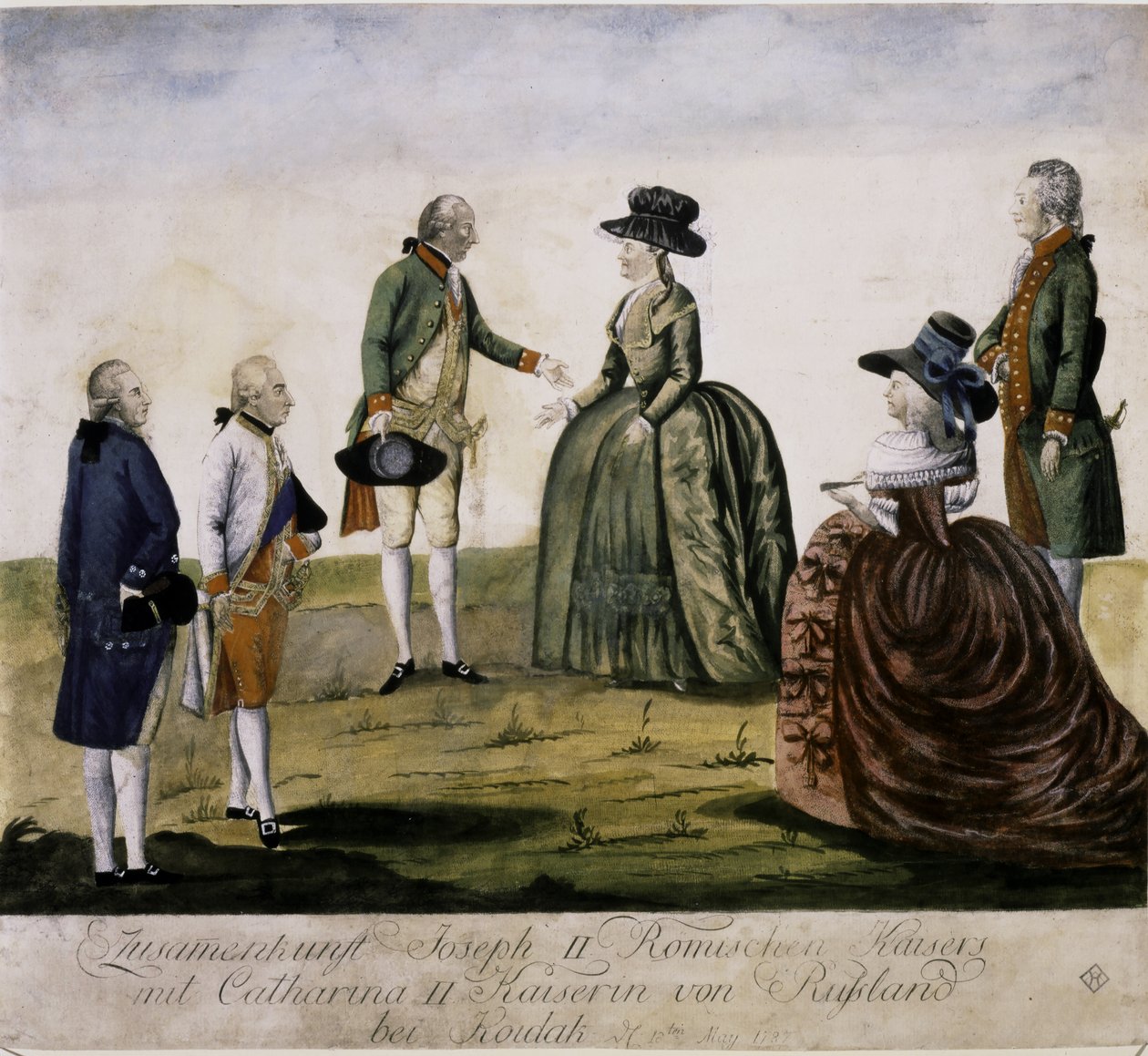 II. Katalin és II. József találkozója a Dnyepernél, Ma... (színes metszet) alkotó: Johann Hieronymus Loeschenkohl