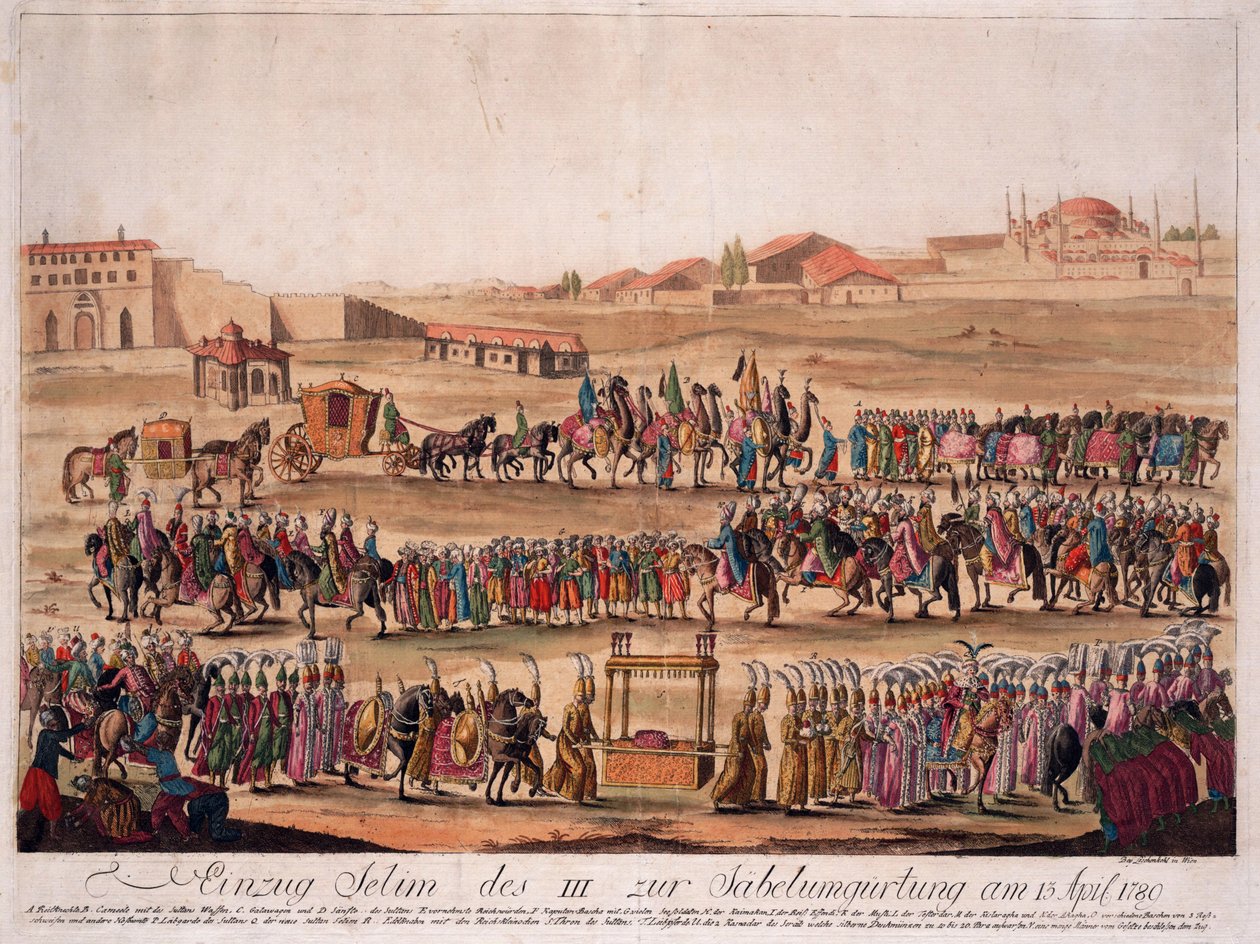 III. Szelim szultán (1761-1808) belépése a szablyához 1789. április 13-án - Loeschenkohl, Johann Hieronymus (1753-1807) - 1789 - Rézkarc, akvarell - 38,6x50,2 - Magángyűjtemény alkotó: Johann Hieronymus Loeschenkohl