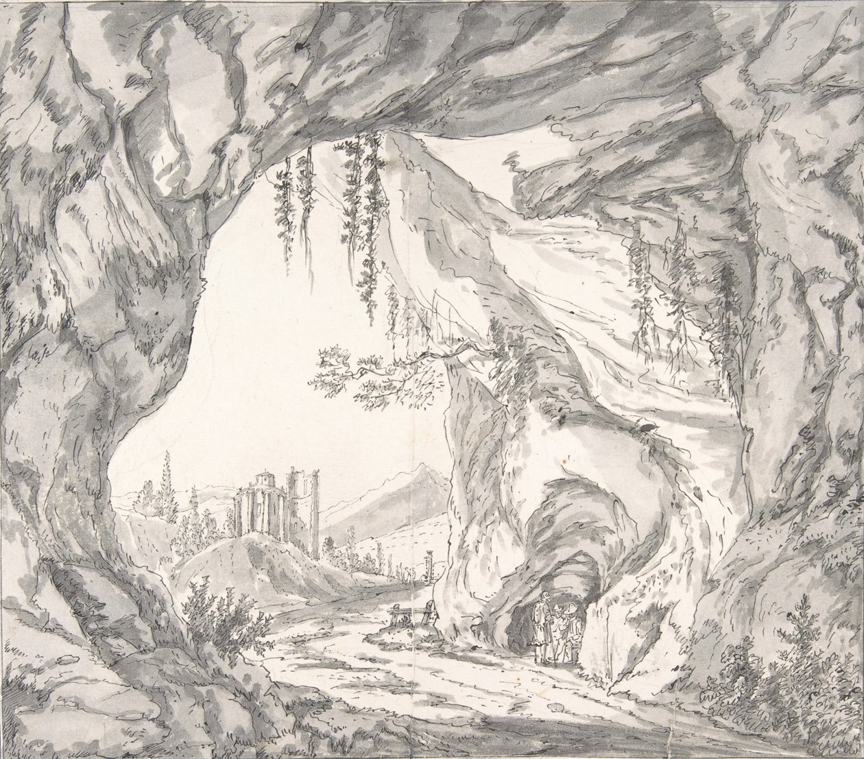 Hegyvidéki táj kastélyromokkal és három ember a barlangban..., 18. század vége – 19. század eleje. alkotó: Johann Huber