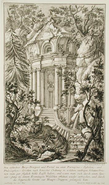 Templom egy kertben, metszet: Jacob Andreas Fridrich (1714-79) (metszet) alkotó: Johann Jacob (after) Schubler