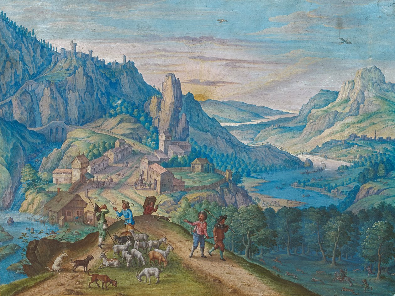 Hegyi táj éjfélkor, folyó völgyével és alakokkal, 1640. alkotó: Johann Jacob Besserer