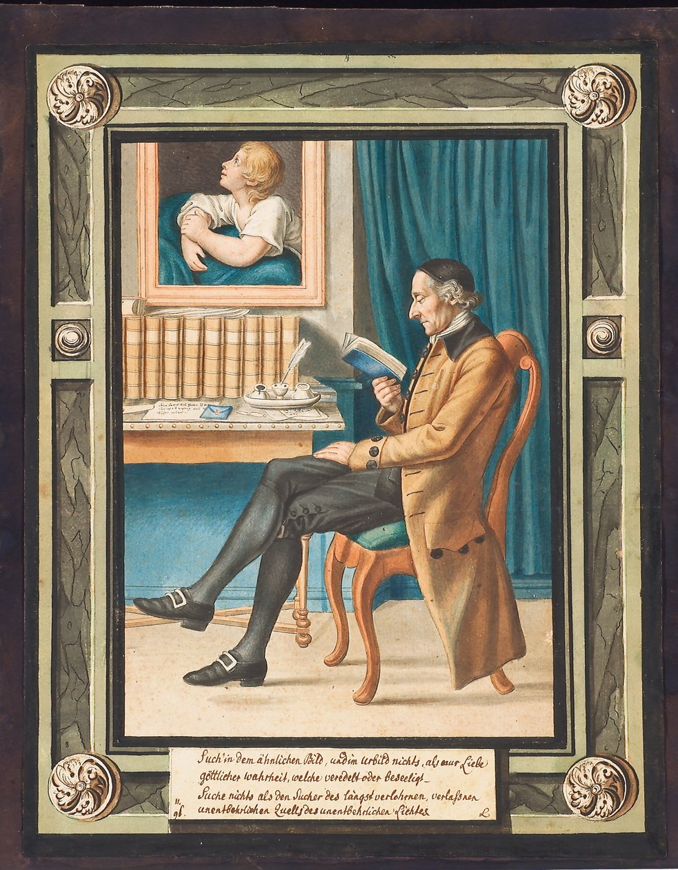 Johann Caspar Lavater (1741-1801) portréja, profilban balra, ül és könyvet olvas (akvarell, metszet) alkotó: Johann Jacob Lips