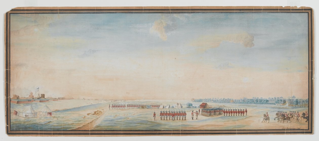 Brit gyalogság, bennszülött gyalogság és bennszülött lovasság gyakorlatok a Madras-i Fort St George mellett alkotó: Johann Jacob Ludewig Rothmeyer
