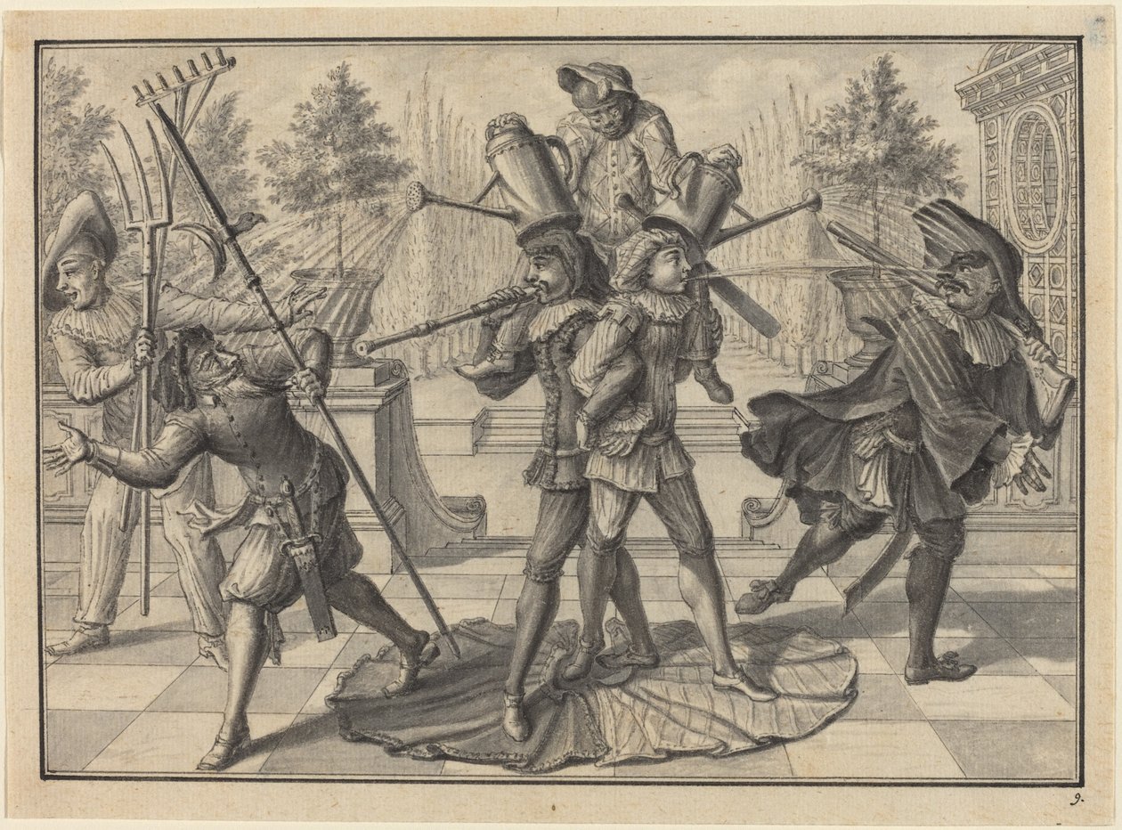 Harlekin és Scaramouche létrehoz egy "szökőkutat" alkotó: Johann Jacob Schubler