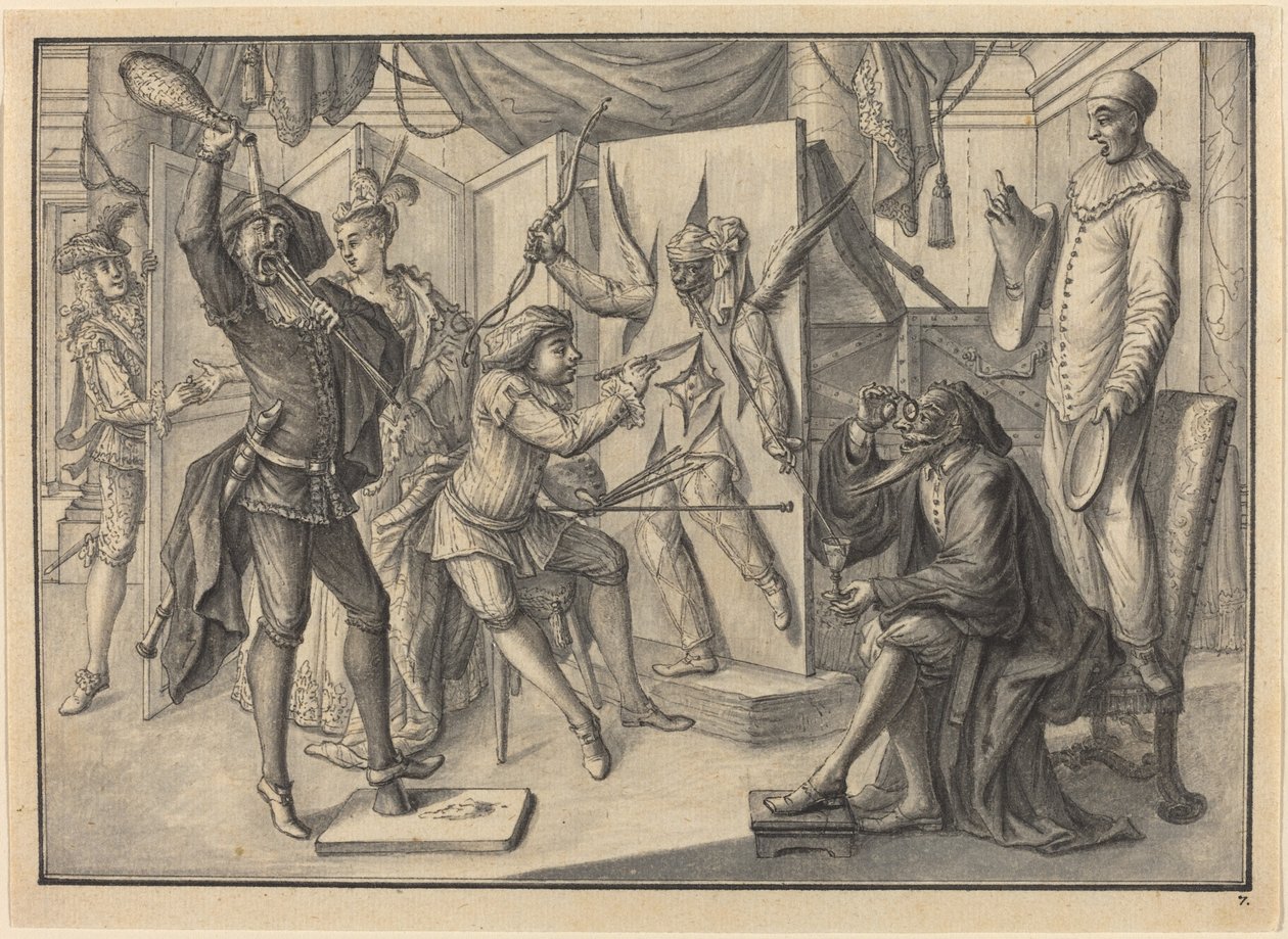 Mezzetin Ámor portréját "festi" a vászon levágásával, hogy felfedje Harlekint alkotó: Johann Jacob Schubler