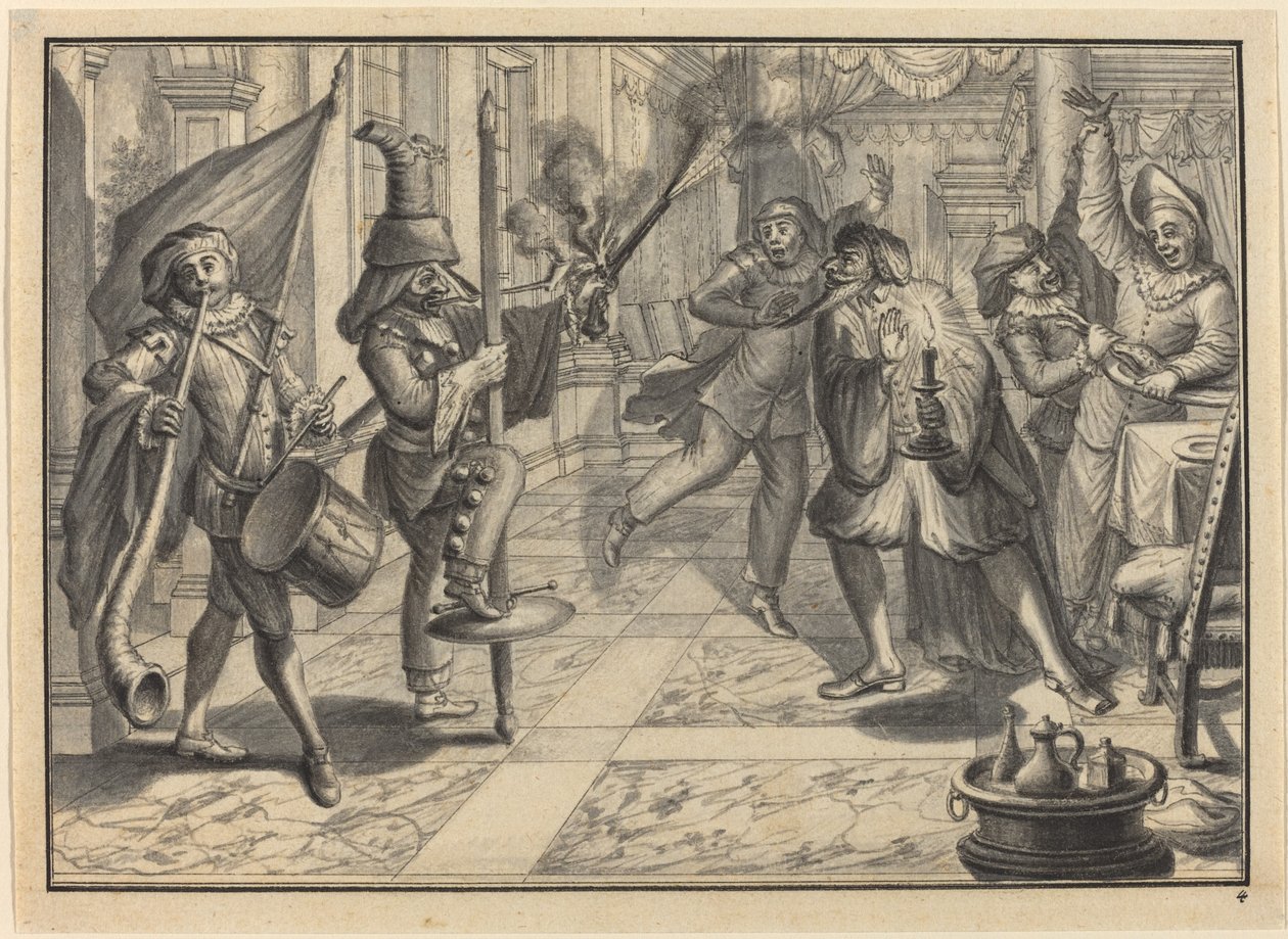 Mezzetin és Harlequin, Kapitánynak álcázva, megzavarják Pantaloon vacsoráját alkotó: Johann Jacob Schubler