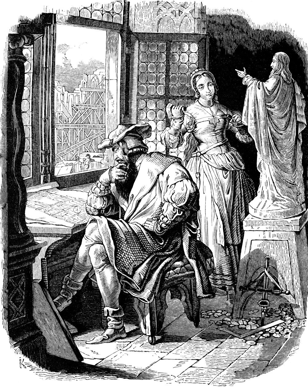Erwin von Steinbach építész lányával, Sabinával Illusztráció a német nép történetéből, E. Duller, 1840 alkotó: Johann Jakob Kirchhoff