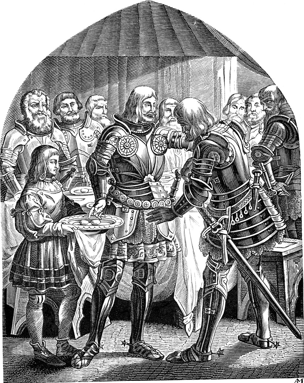 Körben egy-egy tojás, de két tojás a vitéz Schweppermannnak A Geschichte des deutschen Volkes-ból, E. Duller, 1840 alkotó: Johann Jakob Kirchhoff