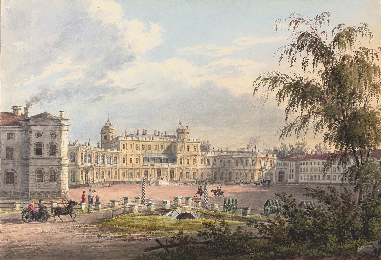 A császári palota, Gatchina (ceruza és akvarell fehérrel és gumiarábikummal kiemelve papíron) alkotó: Johann Jakob Meier