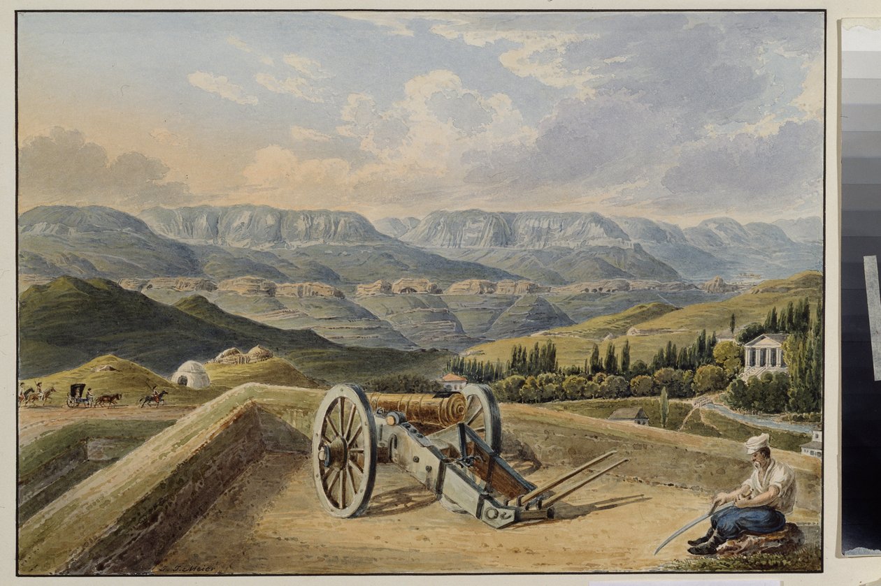 Kislovodsk erőd (Észak-Kaukázus). Akkumulátor a hegyekben. A kislovodszki erőd. Akkumulátor a hegyekben. Johann Jakob Meier (1787-1858) munkája, akvarell, papír, 1843 körül. 19. századi német művészet. Állami A. Puskin Szépművészeti Múzeum alkotó: Johann Jakob Meyer
