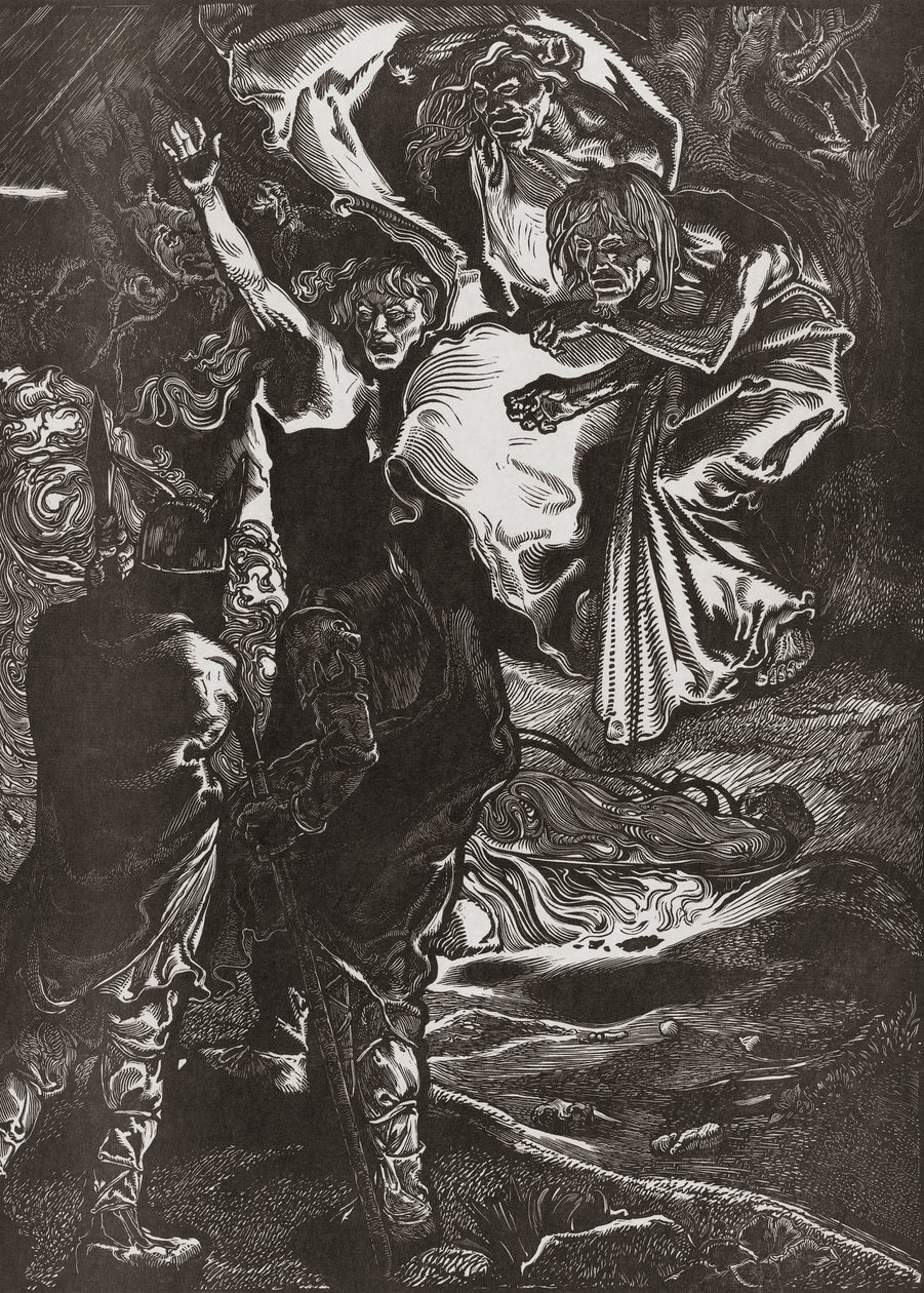 Macbeth és Banquo találkozik a három boszorkánnyal, XX. század (metszet) alkotó: Johann Joseph Aarts