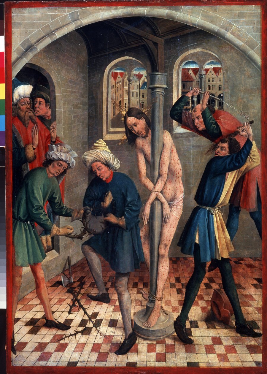 Krisztus lobogtatása. Férfiak készítik a töviskoronát, míg mások az oszlopra erősített Jézust korbácsolják, különböző ostorokkal. Johann Koerbecke festménye (1415 és 1491 között), 1457 előtt. Tempera fára. német művészet alkotó: Johann Koerbecke