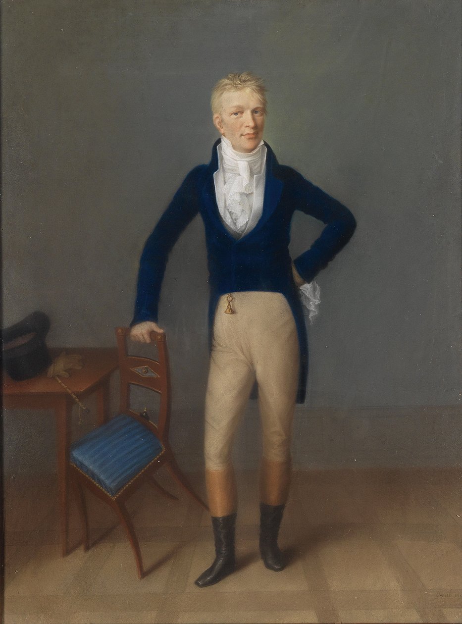 Egész alakos portré egy szőke hajú úriemberről lovaglóruhában, a szék támlájára támaszkodva alkotó: Johann Lorenz Kreul