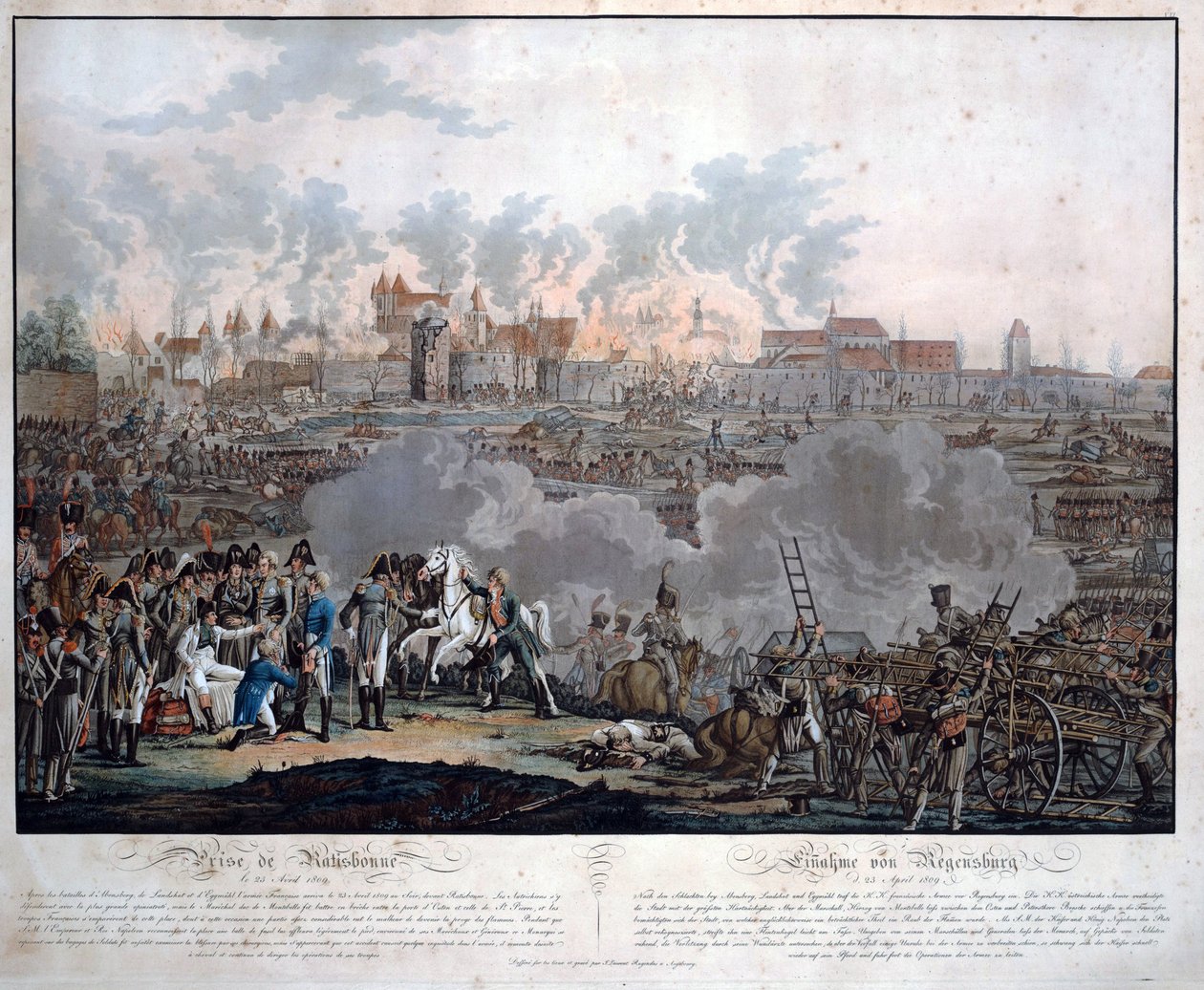 A ratisboni csata 1809. április 23-án (ratisbonne-i vagy regensburgi csata) - Rugendas, Johann Lorenz, az ifjabb (1775-1826) - 1809 - Aquatint - 54,6x65,4 - Magángyűjtemény alkotó: Johann Lorenz Rugendas