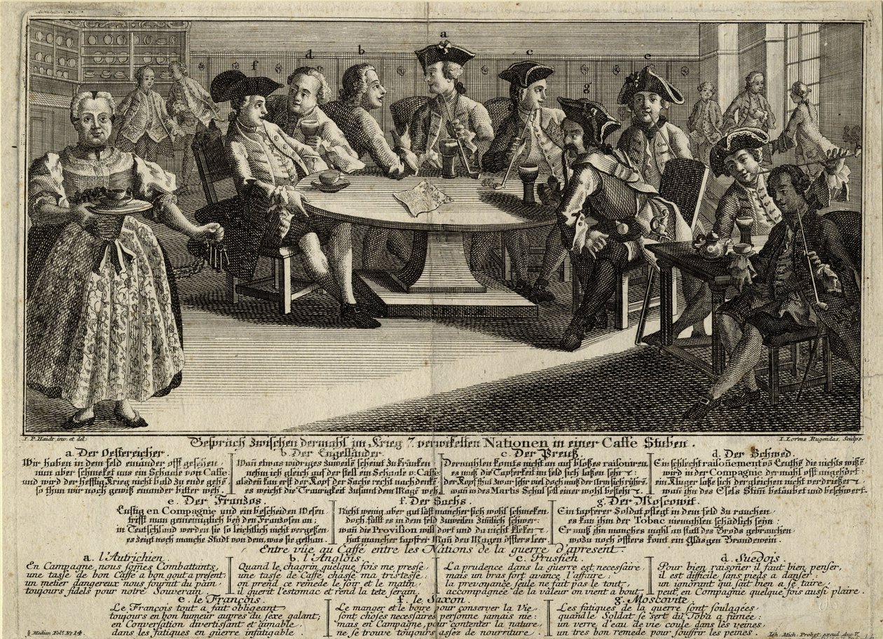 Beszélgetés a háborúban részt vevő 7 nemzet között egy kávézóban, 1757 alkotó: Johann Lorenz Rugendas the Elder