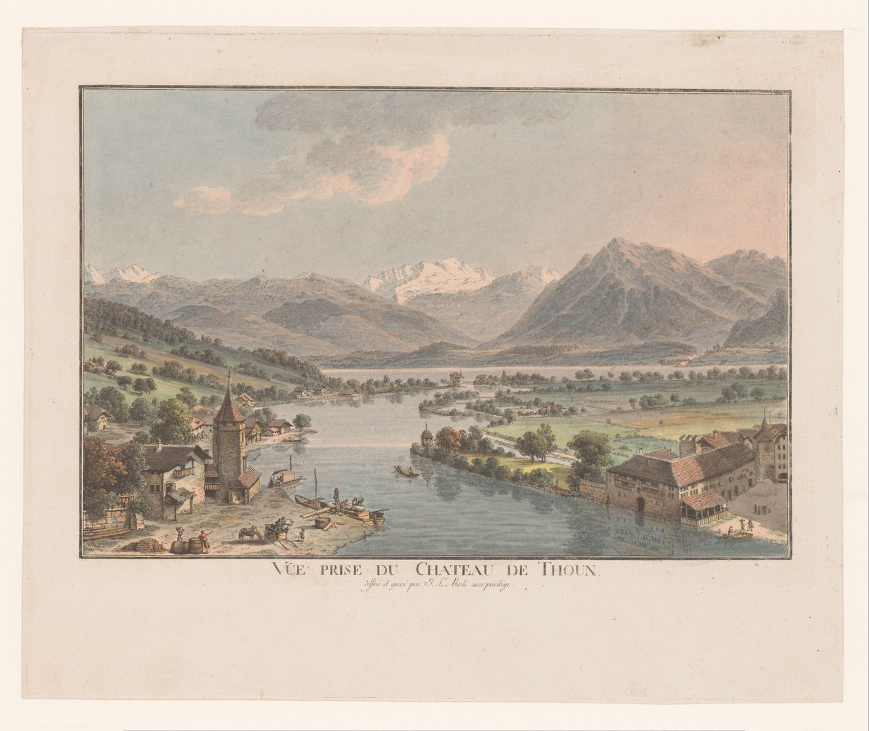Kilátás a Thun-tóra a Thun-kastélyból Vue prize du chateau de Thoun (cím a tárgyon) alkotó: Johann Ludwig Aberli