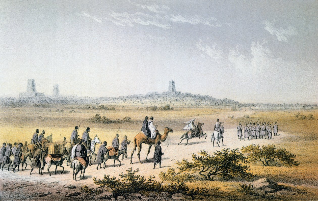 Heinrich Barth (1821-65) karavánjának bejárata Timbuktuba 1853-ban, Barth "Utazások és felfedezések Észak- és Közép-Afrikában" című művéből, Eberhard Emminger (1808-85) metszete, megjelent 1857-ben (színes). alkotó: Johann Martin Bernatz