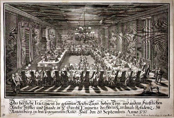 Bankett a regensburgi bíborosi palota királytermében, 1717. szeptember 26. (metszet) alkotó: Johann Matthias and Geyer Andreas Steidlin