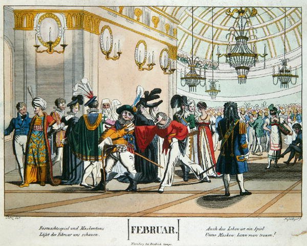 Húshagyó álarcosbál, naptári illusztráció februárra, megjelent Nürnbergben, 1830 körül (színes metszet) alkotó: Johann Michael (after) Voltz