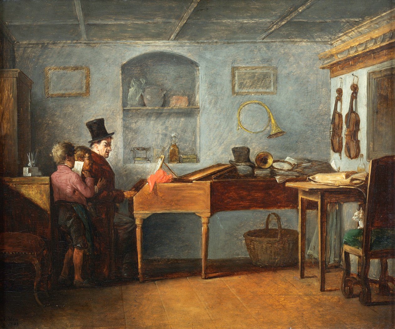Az iskolamester a fiúkkal laposan énekel a zongorapárnál Johann Michael Neder alkotó: Johann Michael Neder