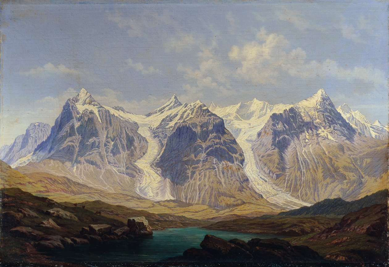 Wetterhorn, Mettenberg és Eiger, köztük a két Grindelwald-gleccser alkotó: Johann Michael Sattler