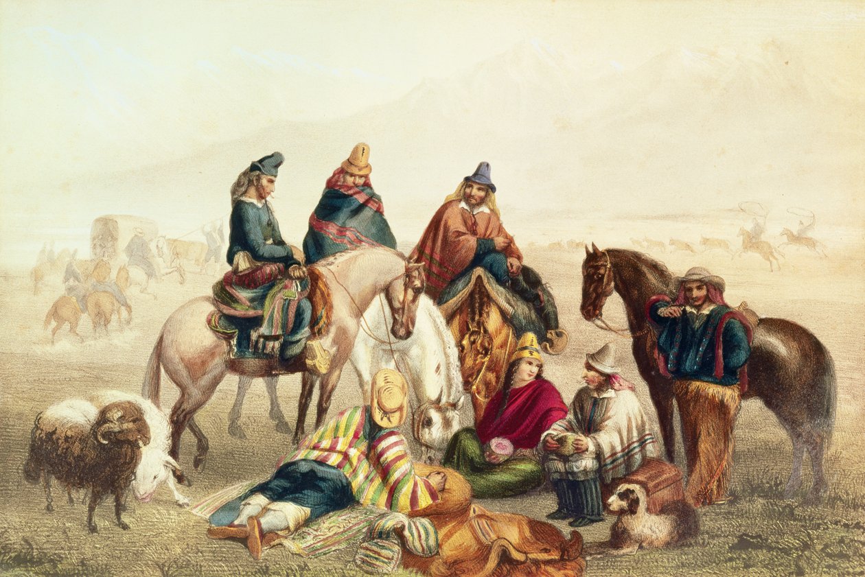 Chilei rusztikus jelmezek, illusztráció Claudio Gay „Historia de Chile” című művéből, vésette Laemlein, 1854 alkotó: Johann Moritz Rugendas
